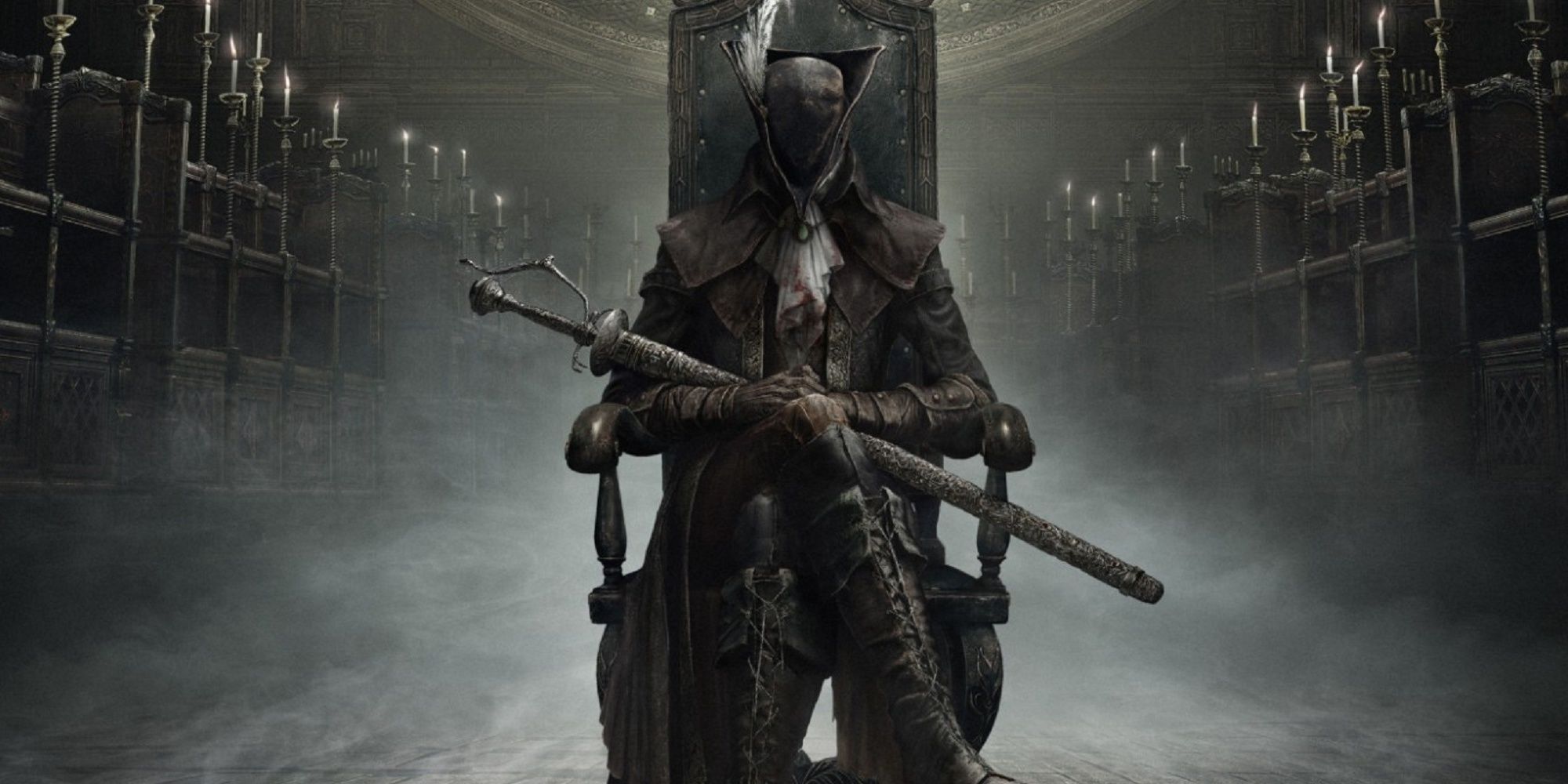 Lady Maria of the Astral Clocktower sitting at her chair in Bloodborne.