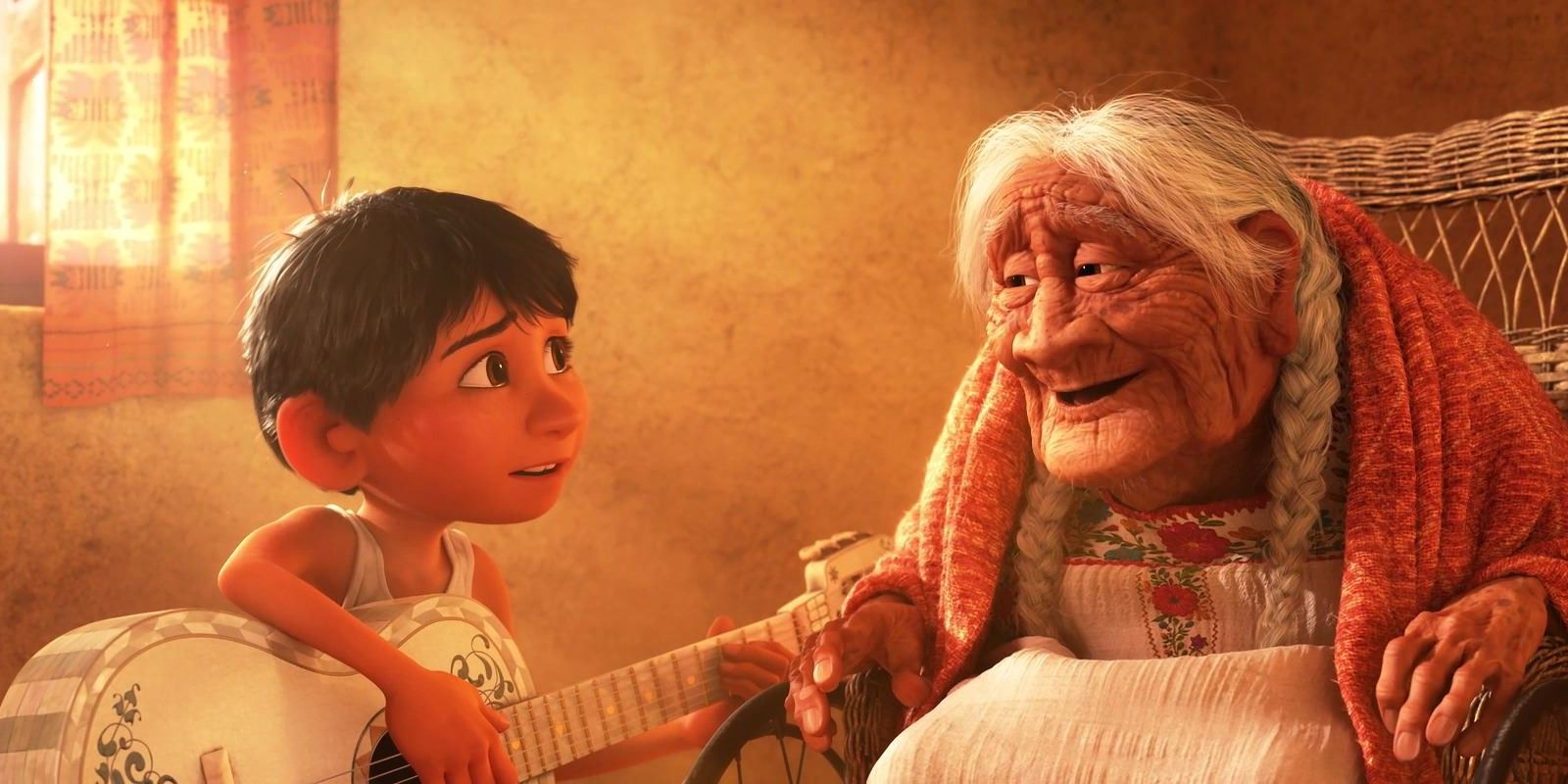 Miguel plays the guitar and sings "Remember Me" to his great grandmother in 'Coco'.