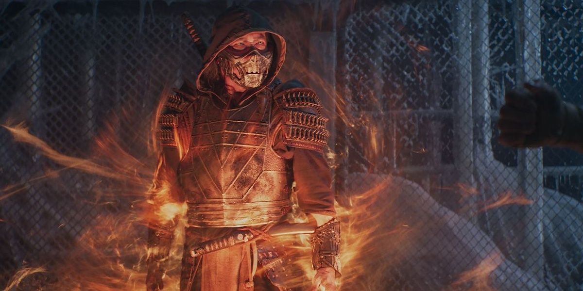 Hiroyuki Sanada as Scorpion wrapped in fiery aura  for 2021's Mortal Kombat