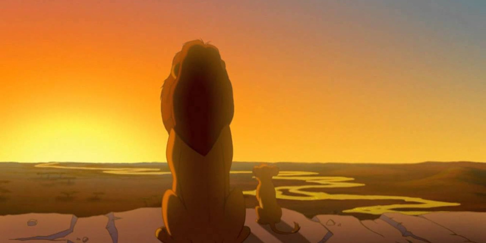 Mufasa and Simba from "The Lion King" (1994), staring down a cliff into the sunset