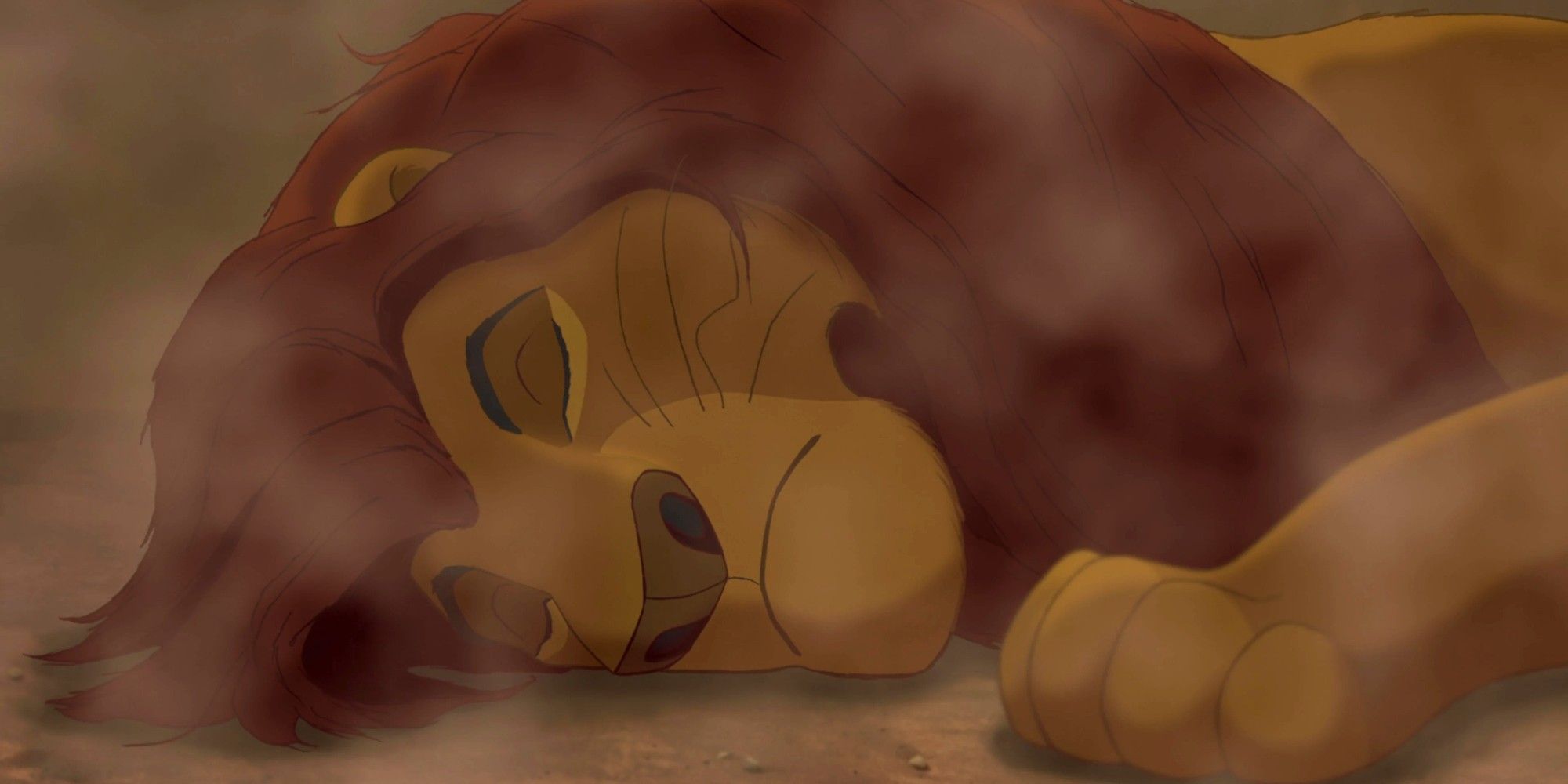Mufasa lies dead as the dust settles around him. 