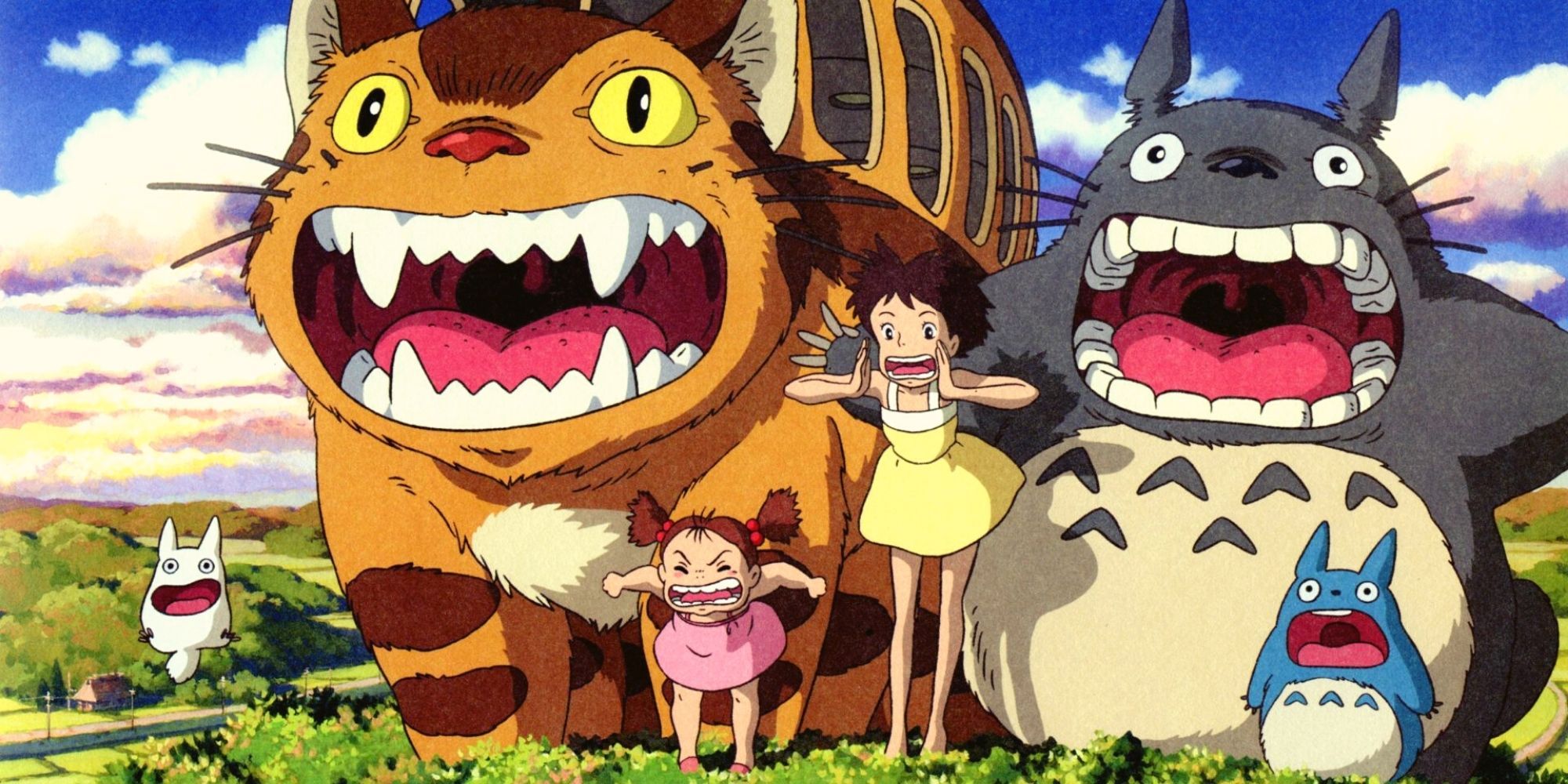 The kids in My Neighbor Totoro with the Catbus and the small Totoros