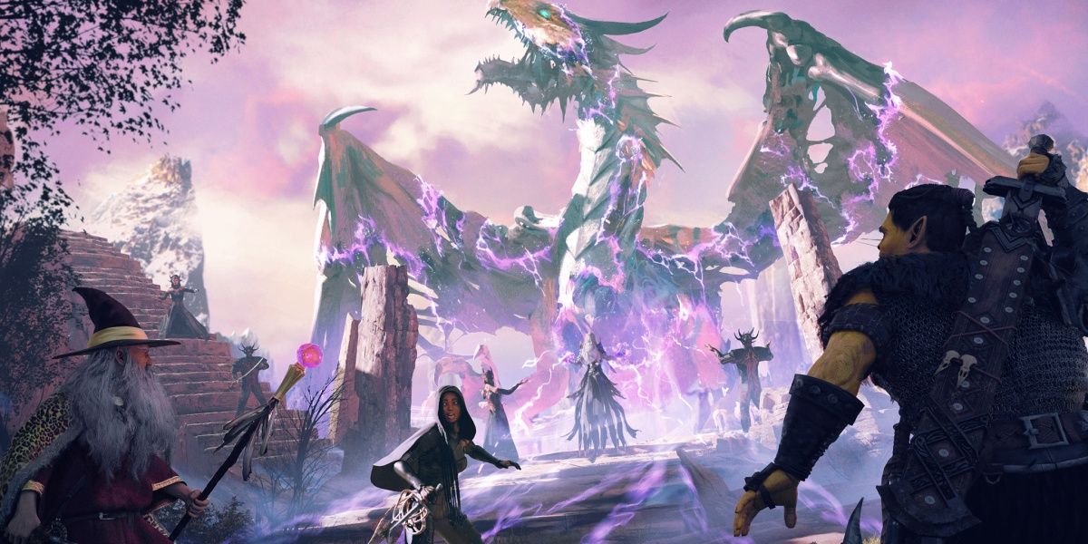 Product image of 'Neverwinter-Dragonbone Vale' video game, warriors facing a giant dragon