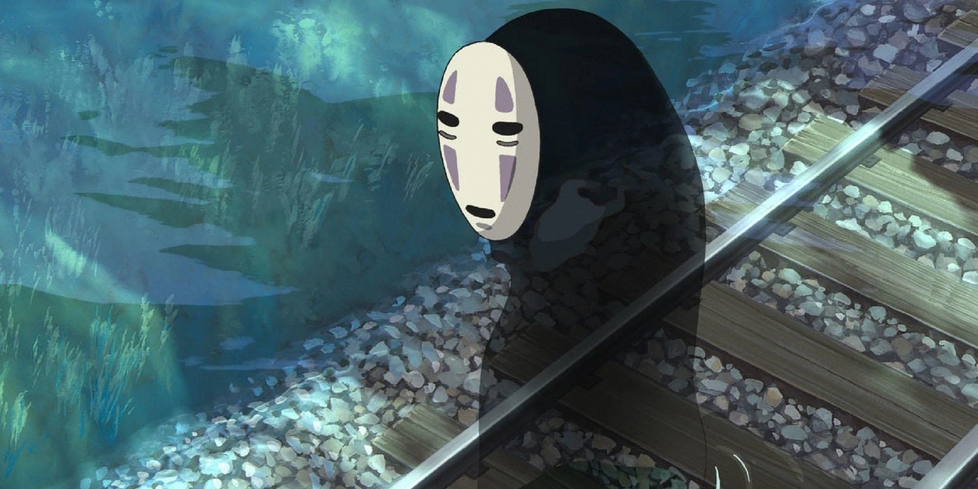 No-Face walking alone on the train tracks in the water in Spirited Away.
