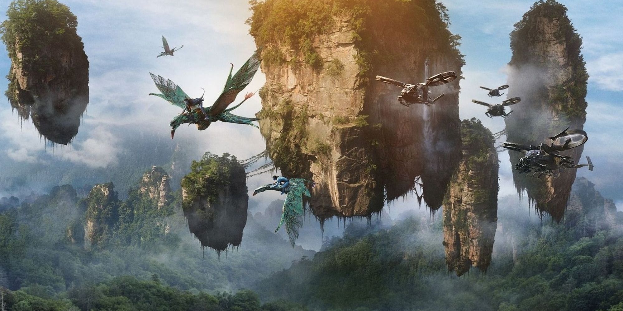 Na'Vi em Banshees e naves ao fundo voando por Pandora de Avatar