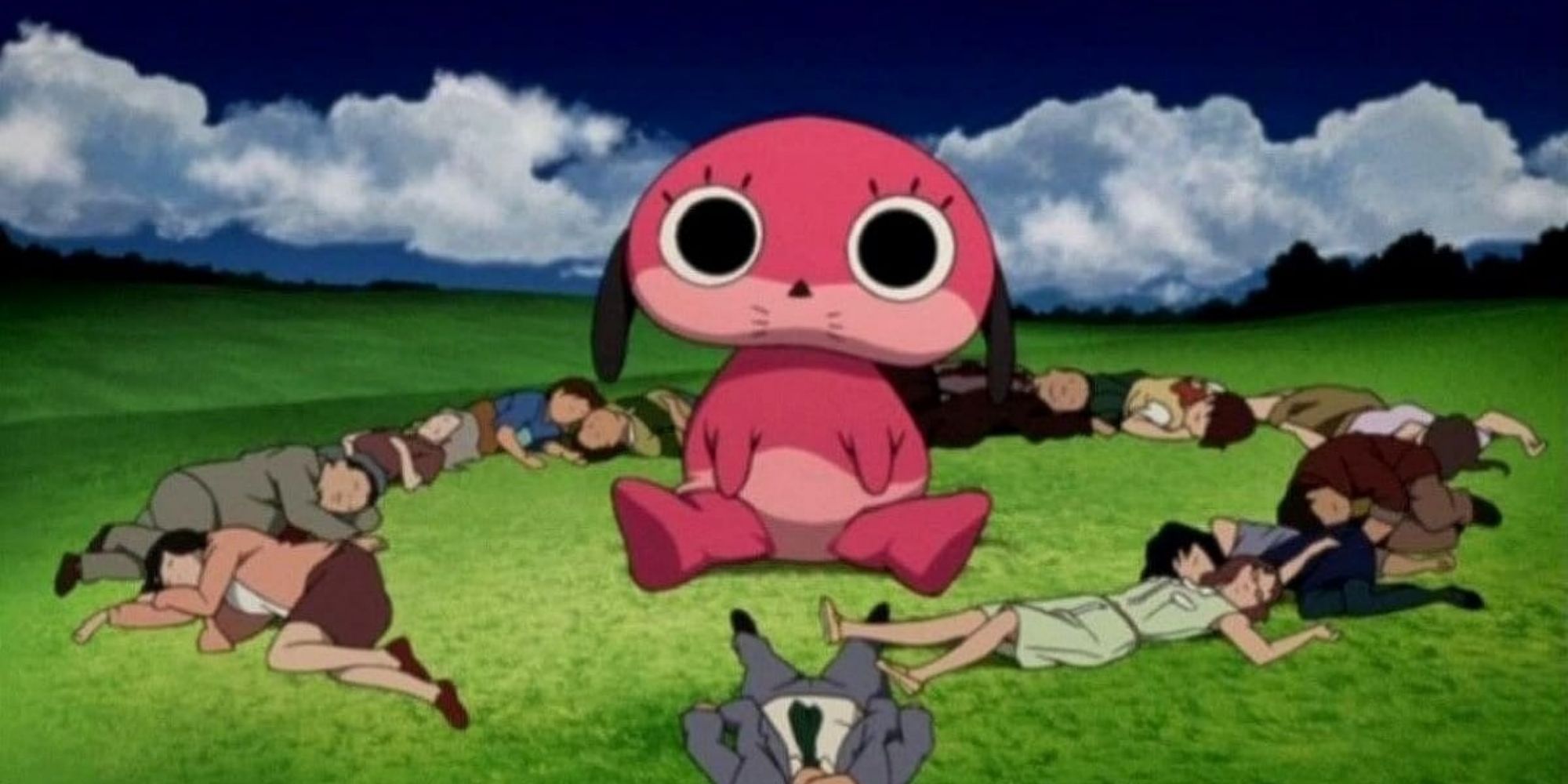 Unconscious people surrounding a large pink dog in Paranoia Agent 