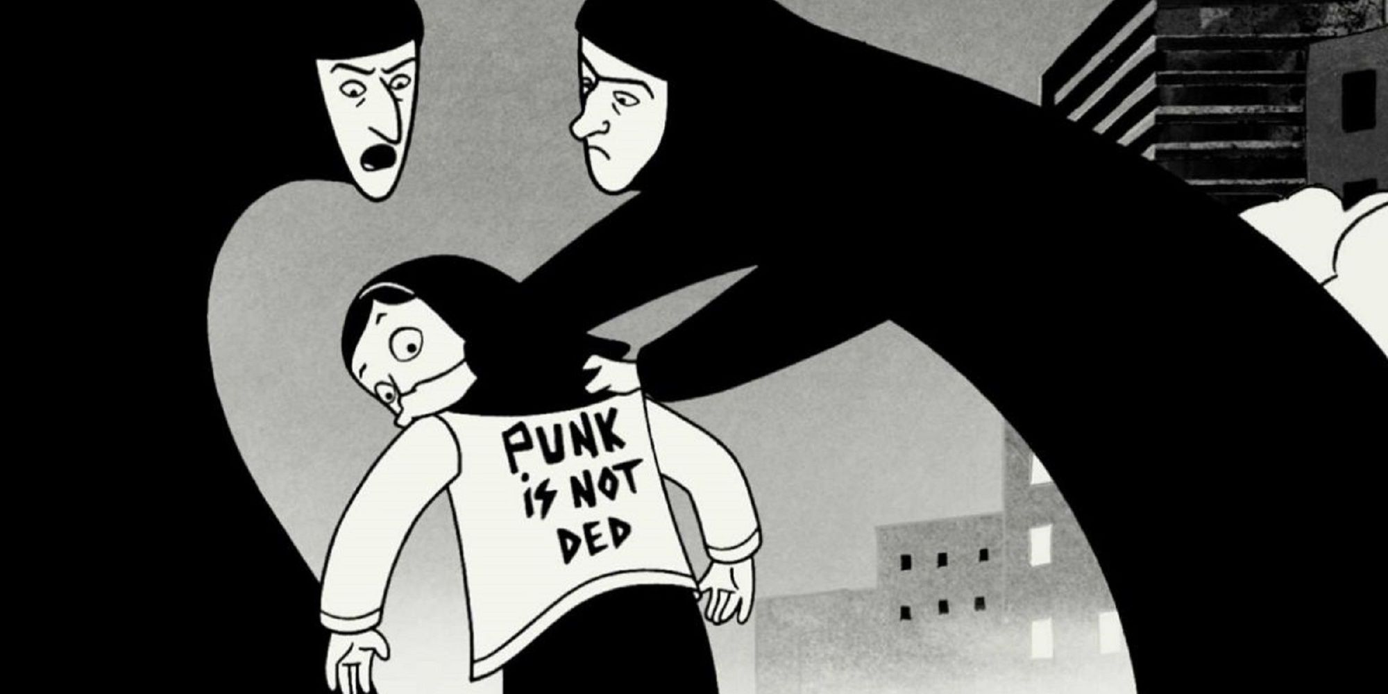 Persepolis wearing her Punk Is Not Ded jacket and being reprehended by two women in the film Persepolis.