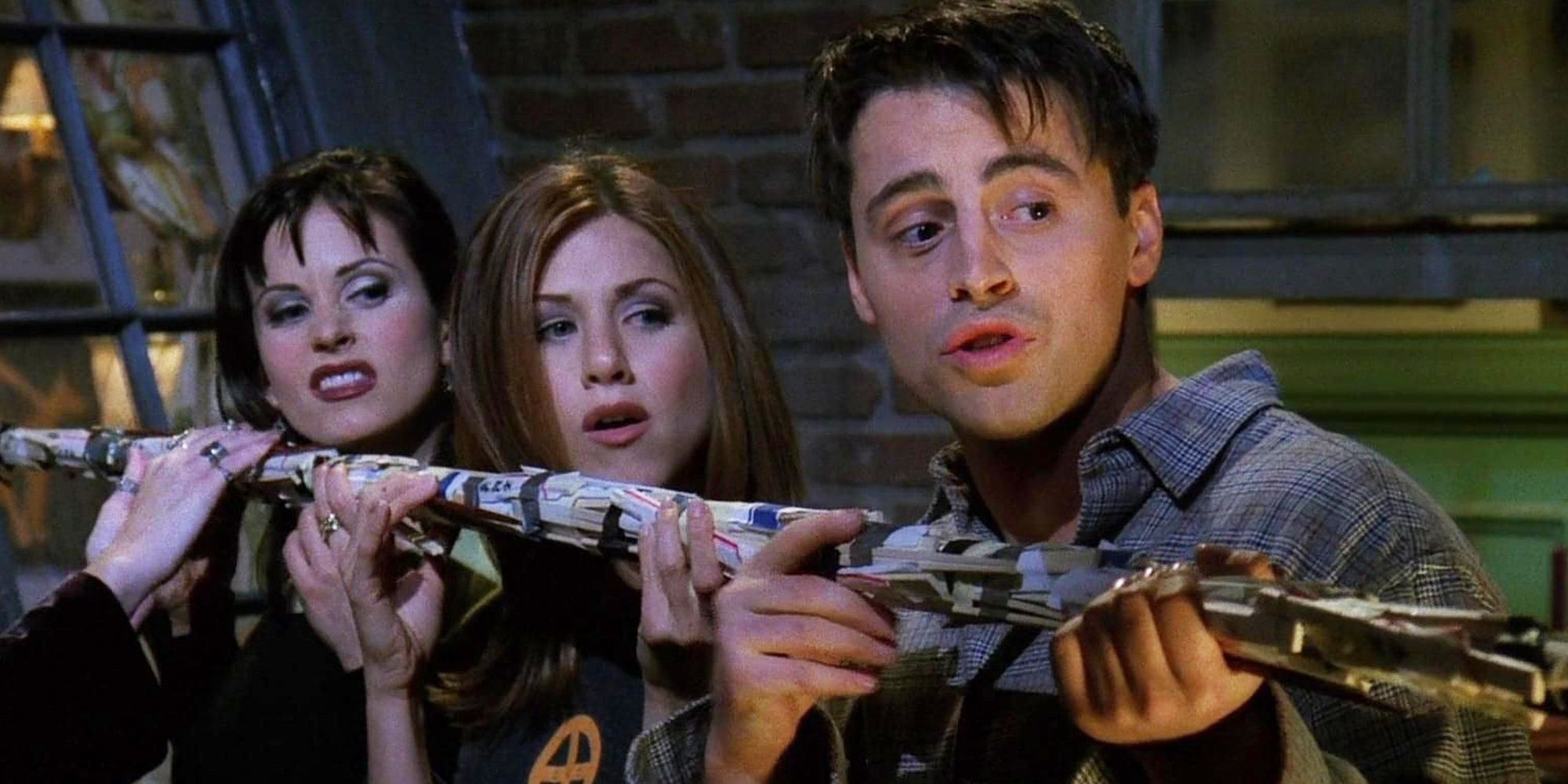 monica rachel and joey on friends with the poking stick