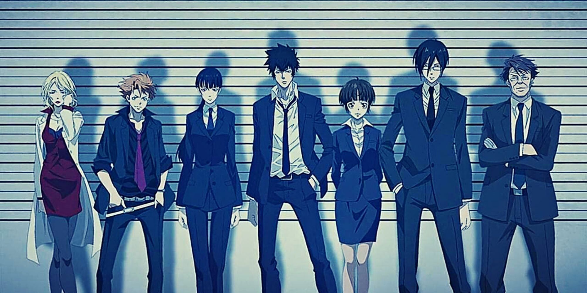 The main characters of Psycho pass in a line-up