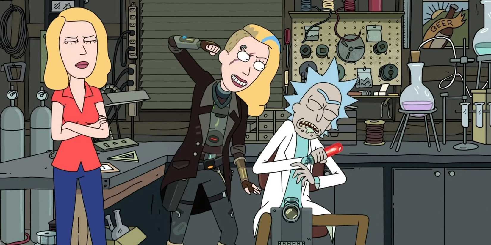 Space Beth pretends to hit Rick in Rick and Morty.