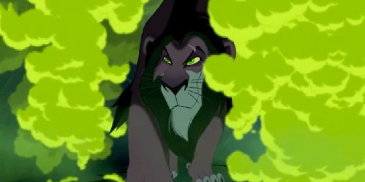 Scar smiling and walking through clouds of green smoke in The Lion King 1994