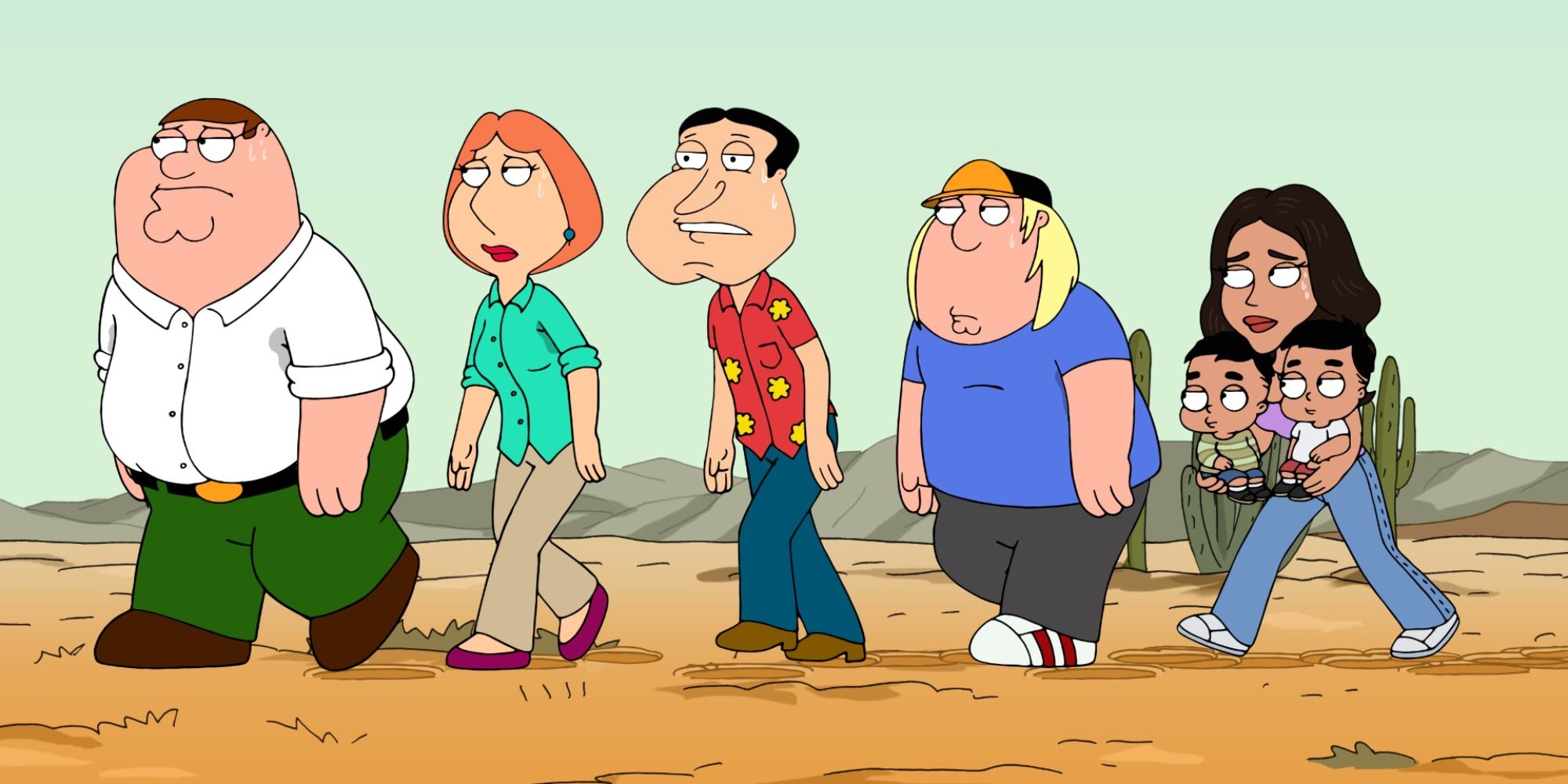 Peter, Lois, Quagmire, Chris et la petite amie de Chris qui marche. 