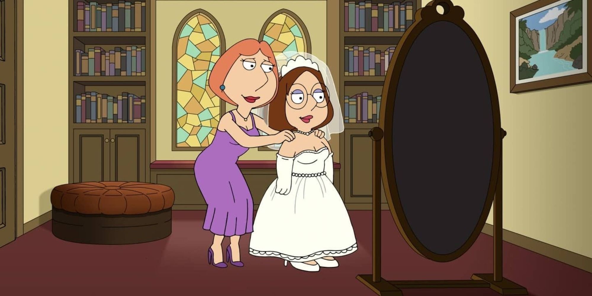 Meg in a wedding dress with Lois