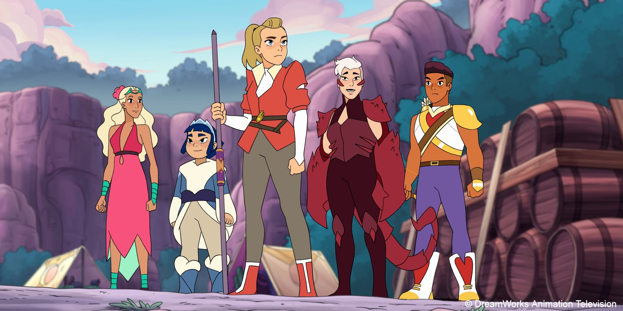 Perfuma, Frosta, Adora, Scorpia, and Bow stand together on a plane, looking defiant and brave