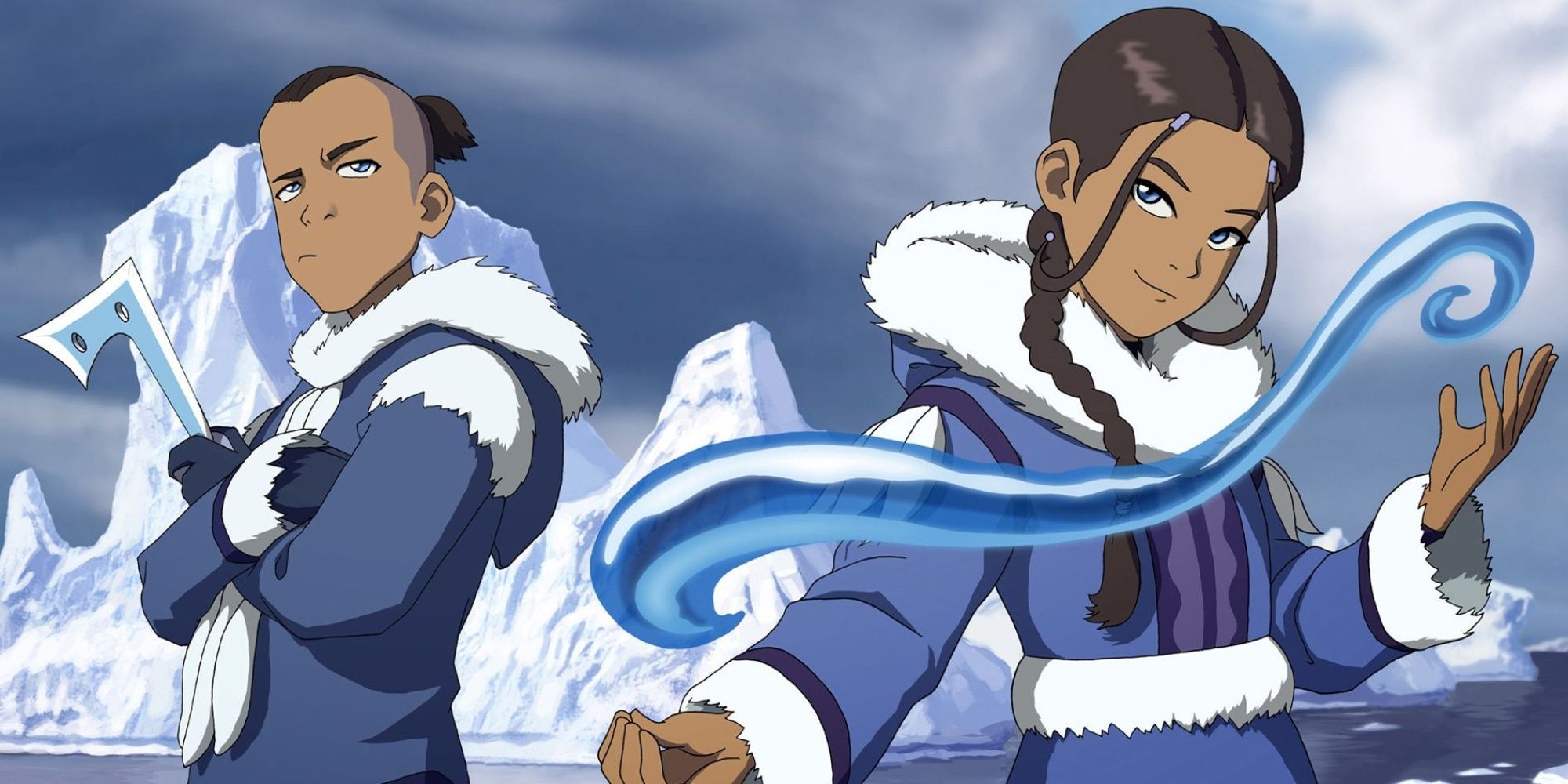 Katara and Sokka posing in a frozen landscape in Avatar: The Last Airbender.