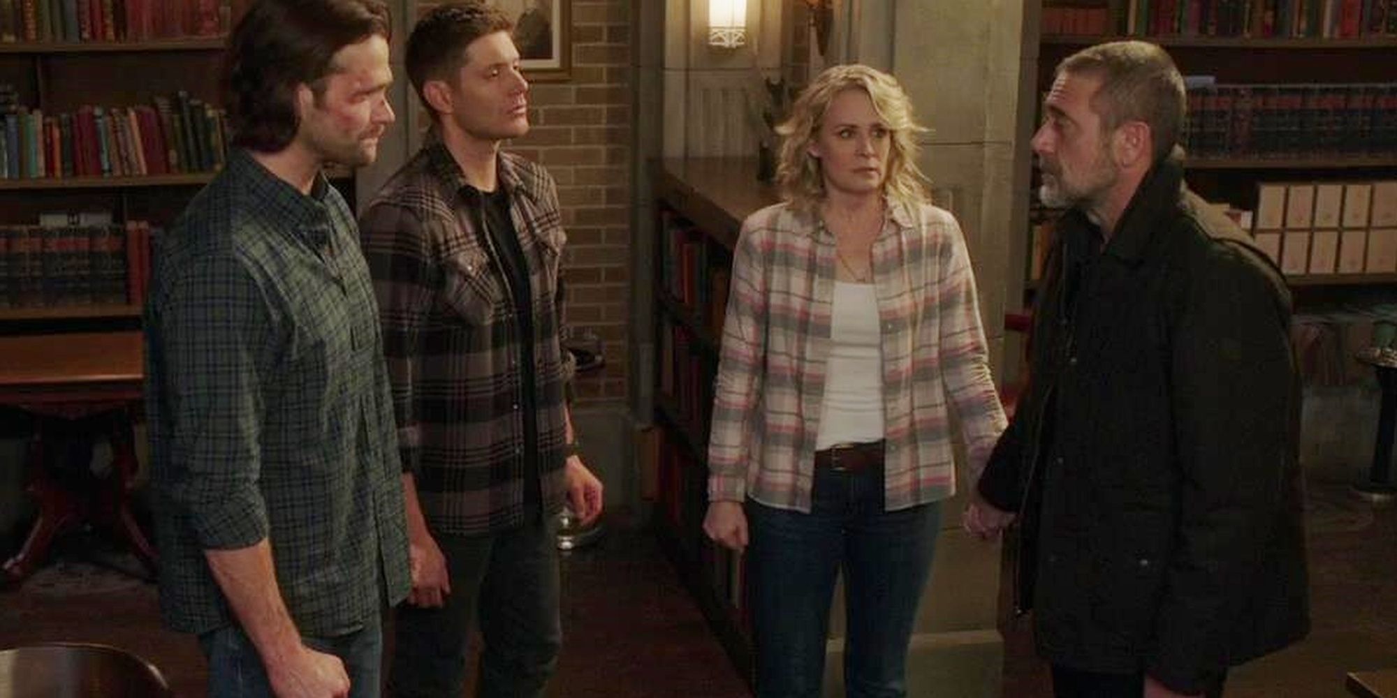 Sam (Jared Padalecki), Dean (Jensen Ackles), Mary (Samantha Smith), and John Winchester (Jeffrey Dean Morgan) tear up as they&rsquo;re about to send John back to his time in &lsquo;Supernatural&rsquo;s 300th episode &ldquo;Lebanon.&quot;
