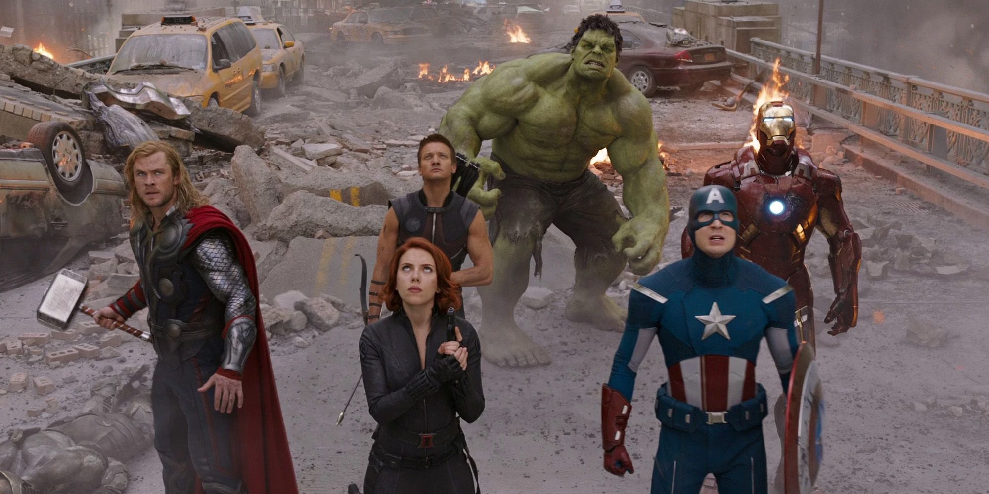 Thor, Hawkeye, Black Widow, Hulk, Captain America and Iron Man assembling as the Avengers