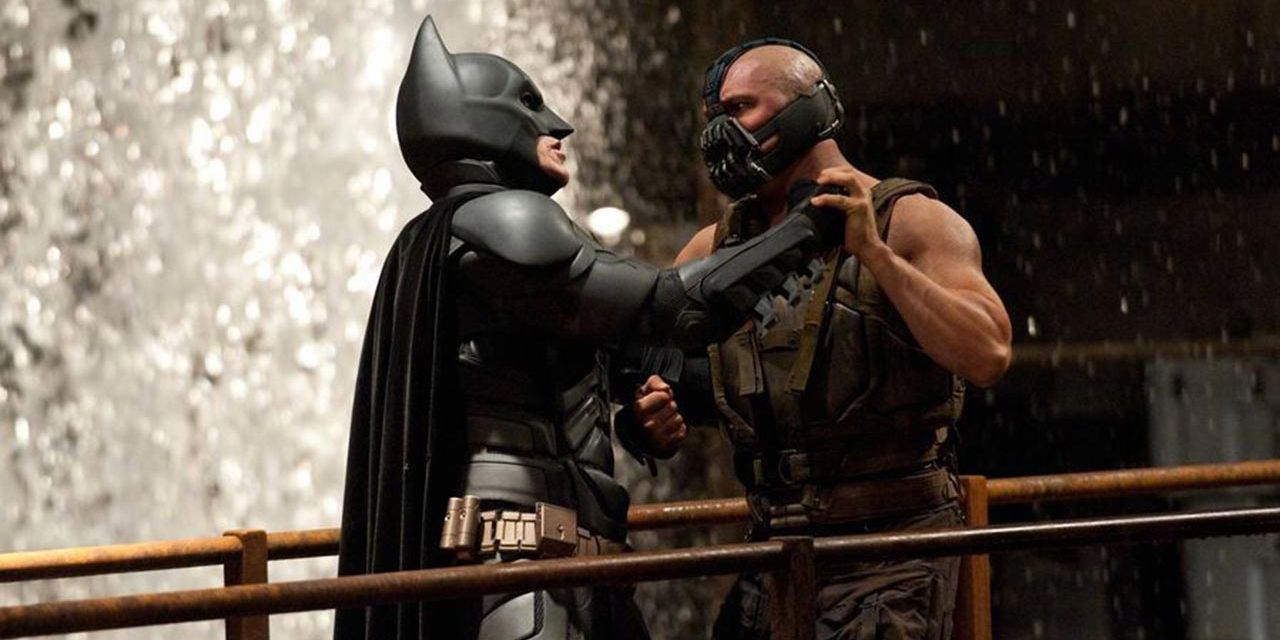 Batman and Bane fighting in The Dark Knight Rises.