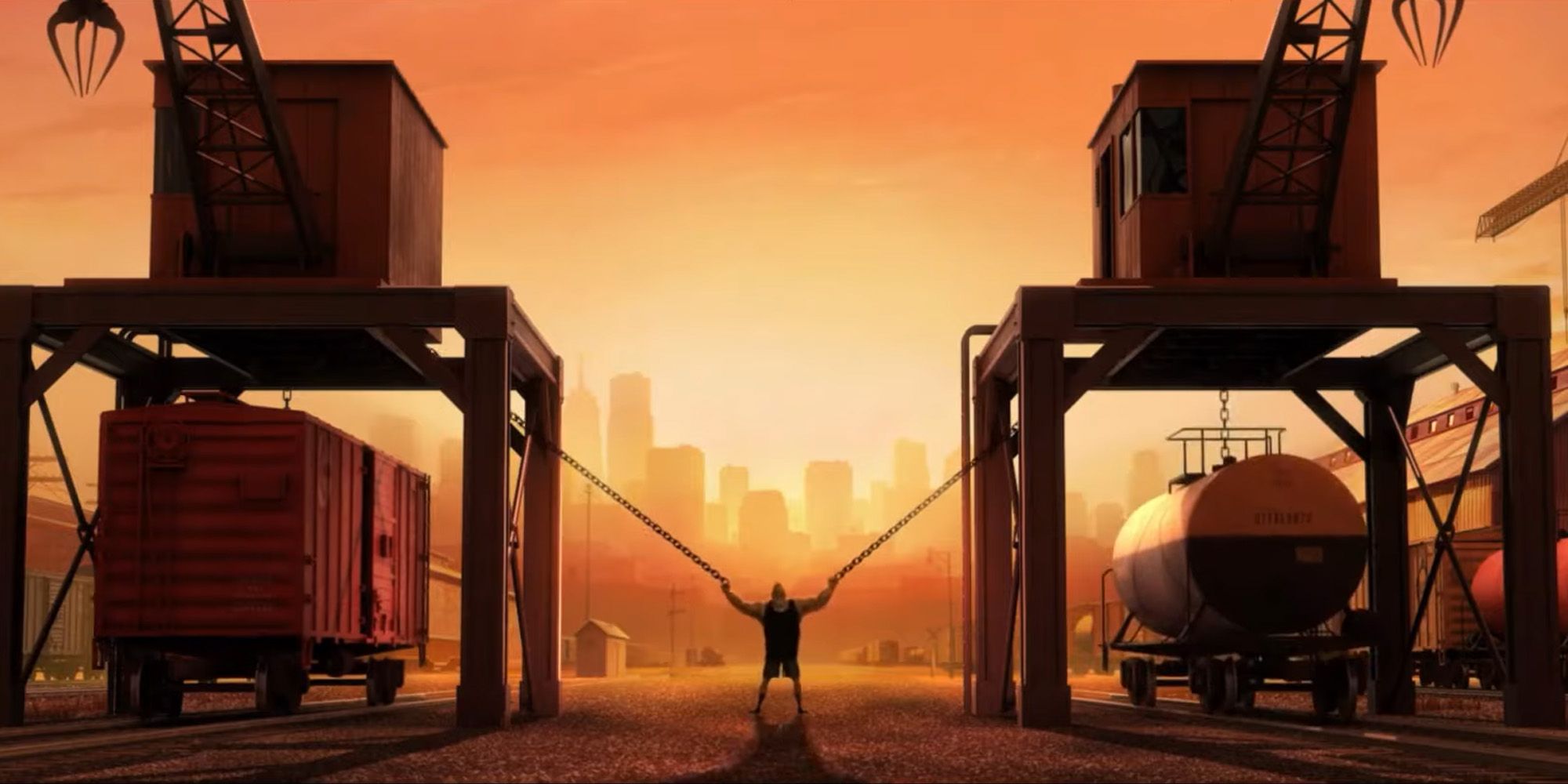 Mr. Incredible in front of the sunset, pulling two chains with big metal structures attached