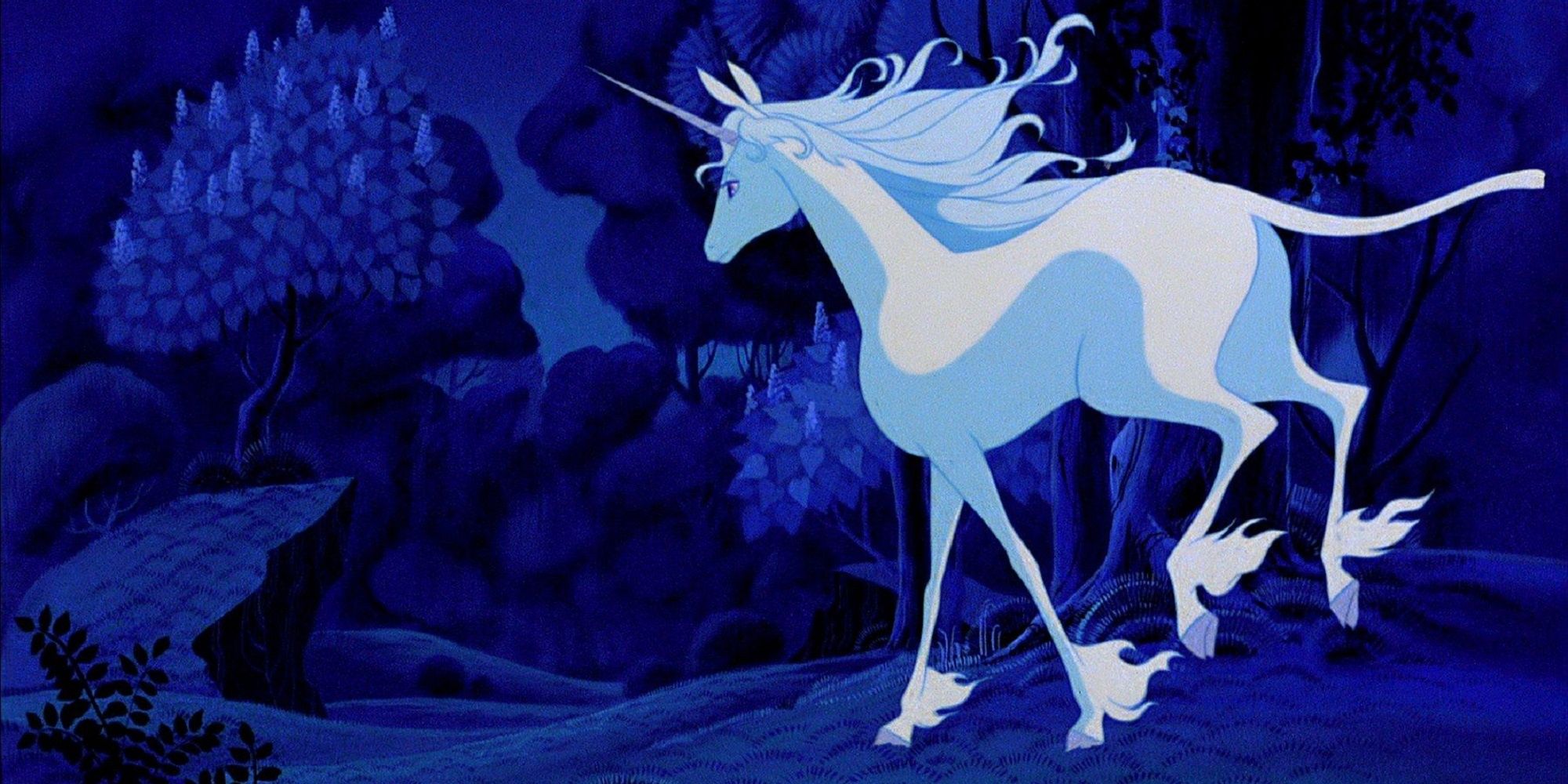 Unicorn in the forest in The Last Unicorn.