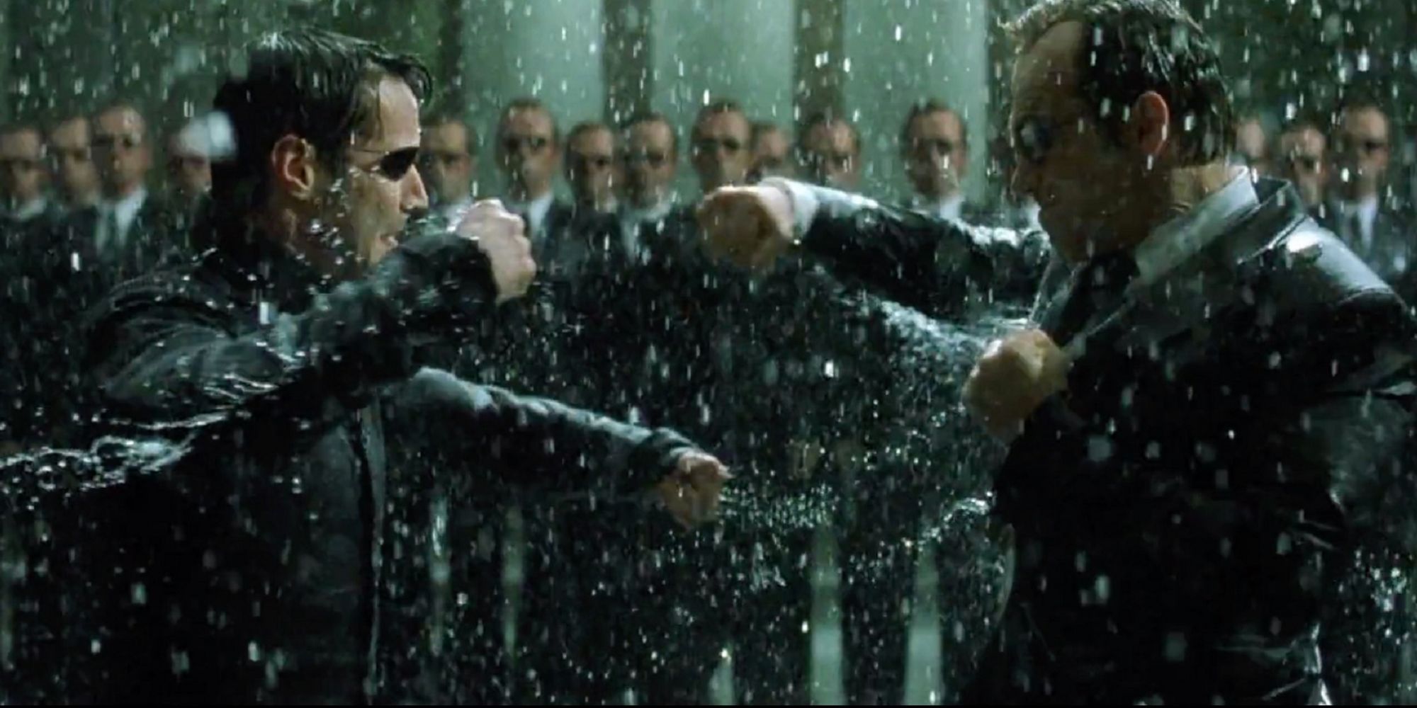 Neo and Agent Smith fighting in The Matrix Revolutions