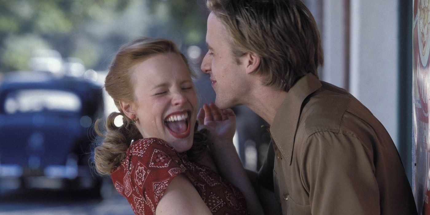 Allie (Rachel McAdams) laughing while Noah (Ryan Gosling) tries to get ice cream on her face in The Notebook