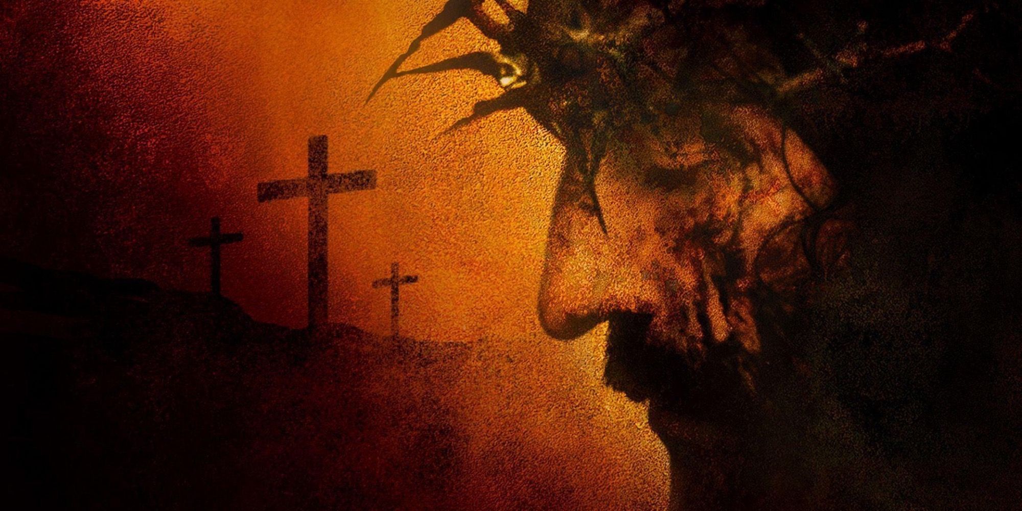 Jesus wearing a crown of thorns with 3 crosses in the background