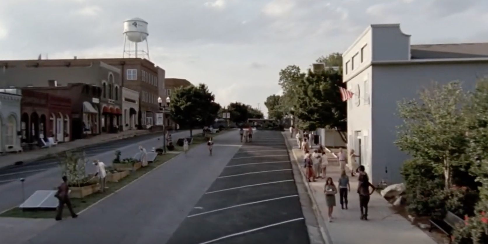 People walking in Woodbury, Georgia in The Walking Dead