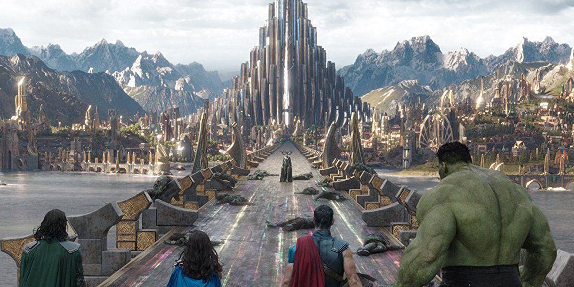 Thor and friends facing Hela in Asgard in Thor Ragnarok