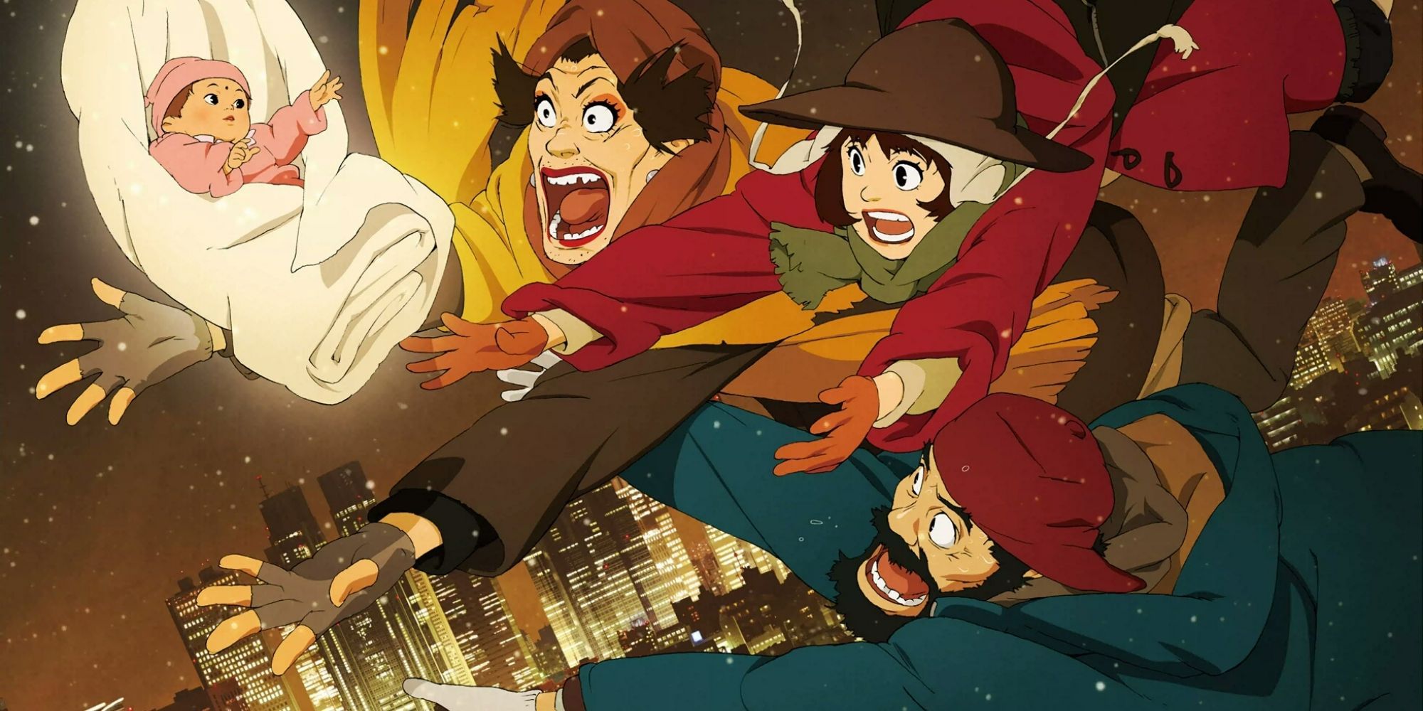 A family of three scream in fear and jumps forward to catch a falling baby in Tokyo-Godfathers