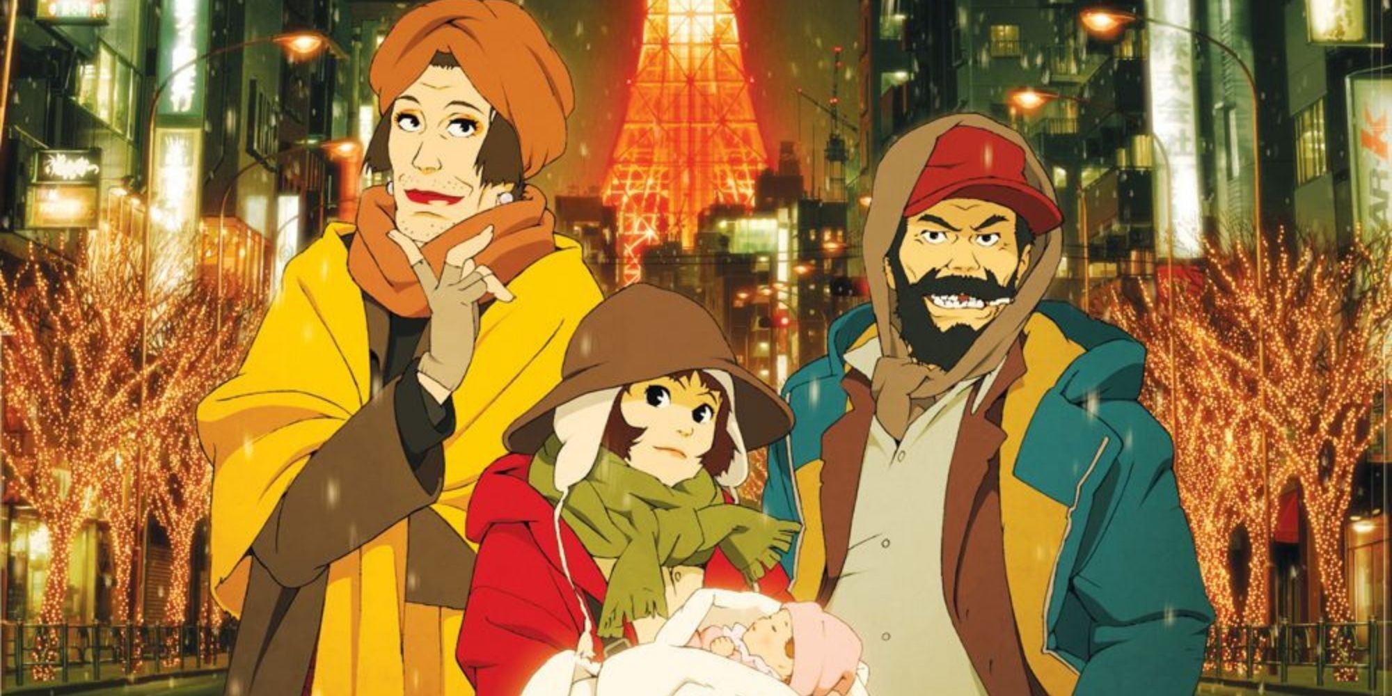 A family of three smiles while walking down a street at night Tokyo Godfathers