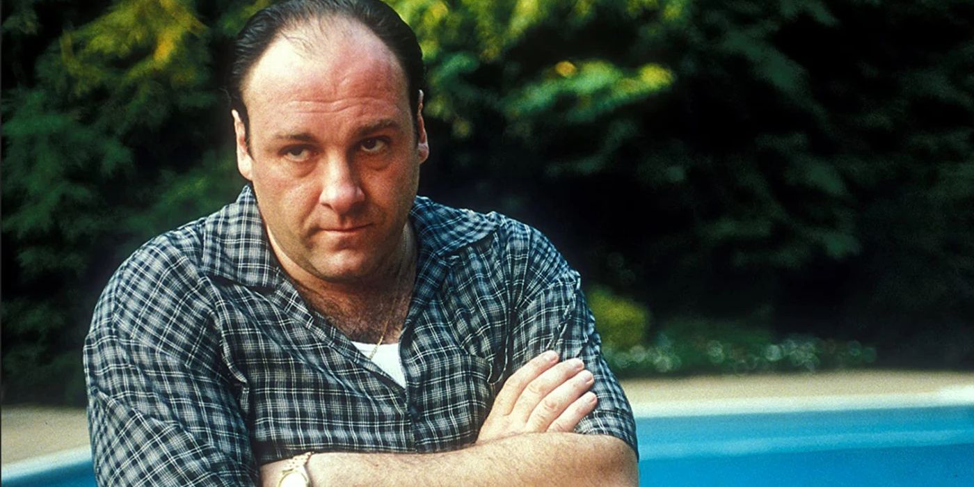 James Gandolfini as Tony Soprano with his arms crossed next to his pool in The Sopranos.