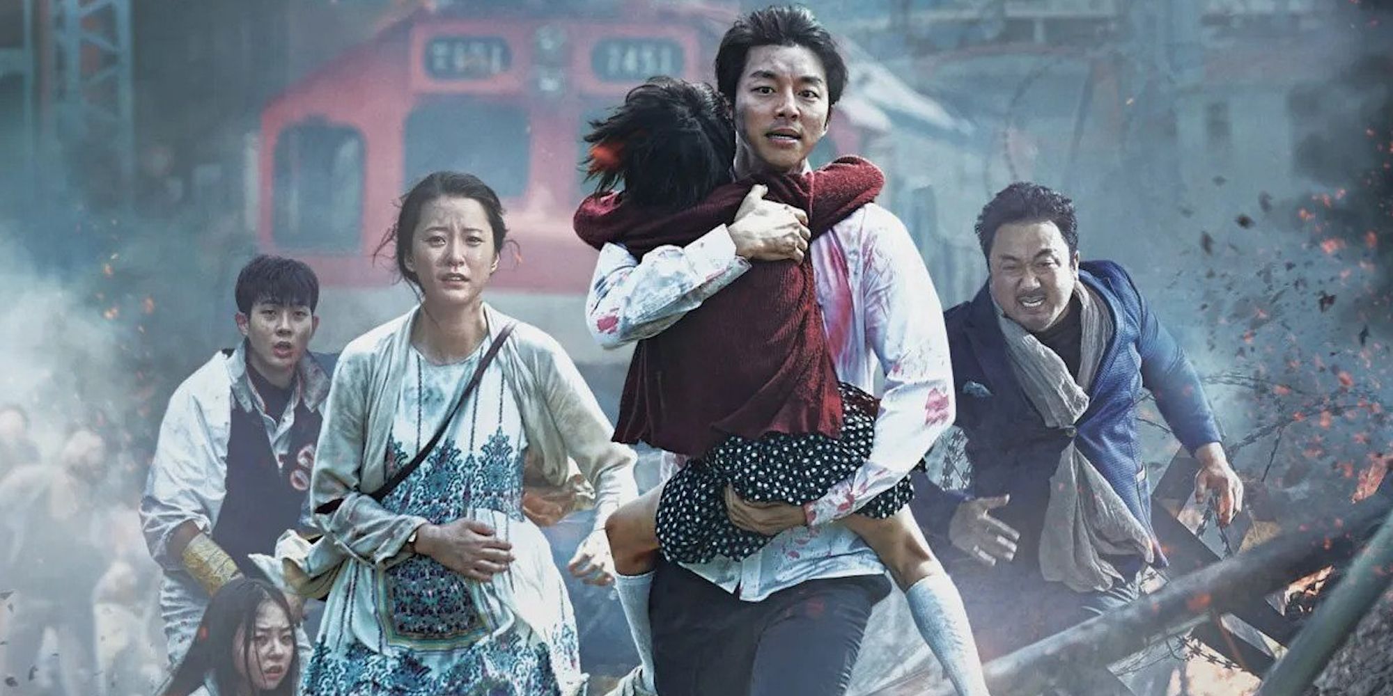 The main characters of Train to Busan running amidst the wreck.