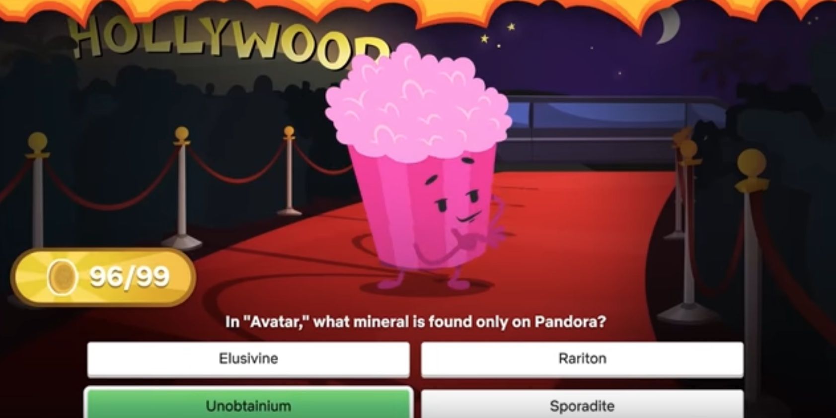 Entertainment question "In 'Avatar,'" what mineral is found only on Pandora?" with four choices on 'Trivia Quest'