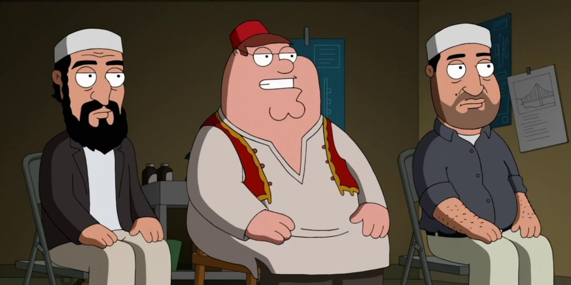 Peter sitting between two other characters