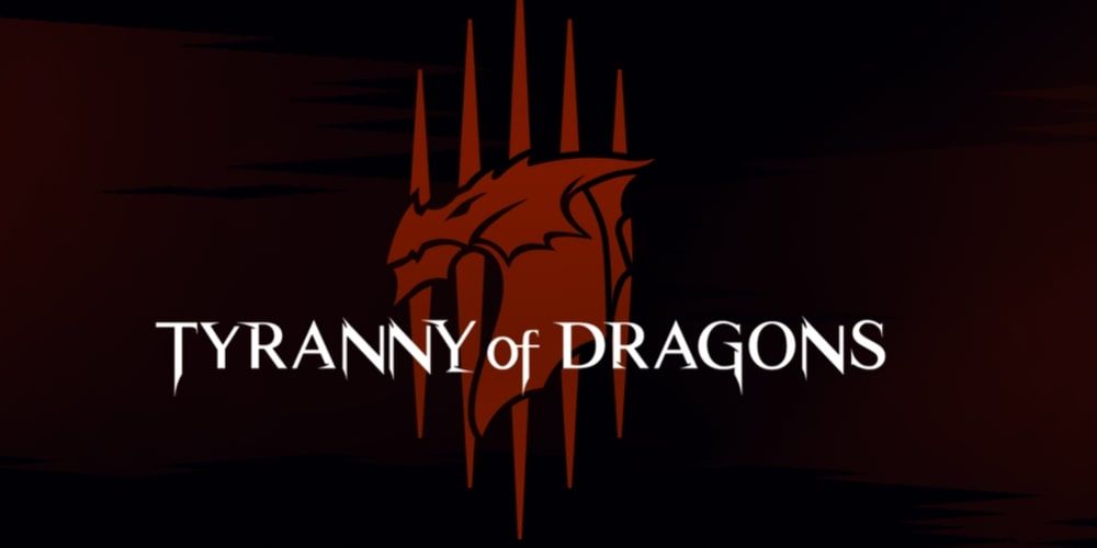 'Tyranny of Dragons' video promo screenshot; a white font against a black backgroud and red dragon-head