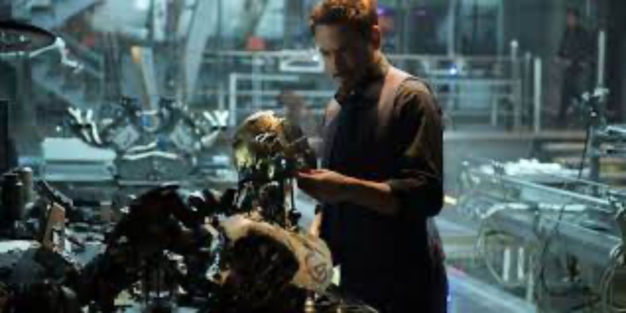 Tony looks at Ultron dismembered