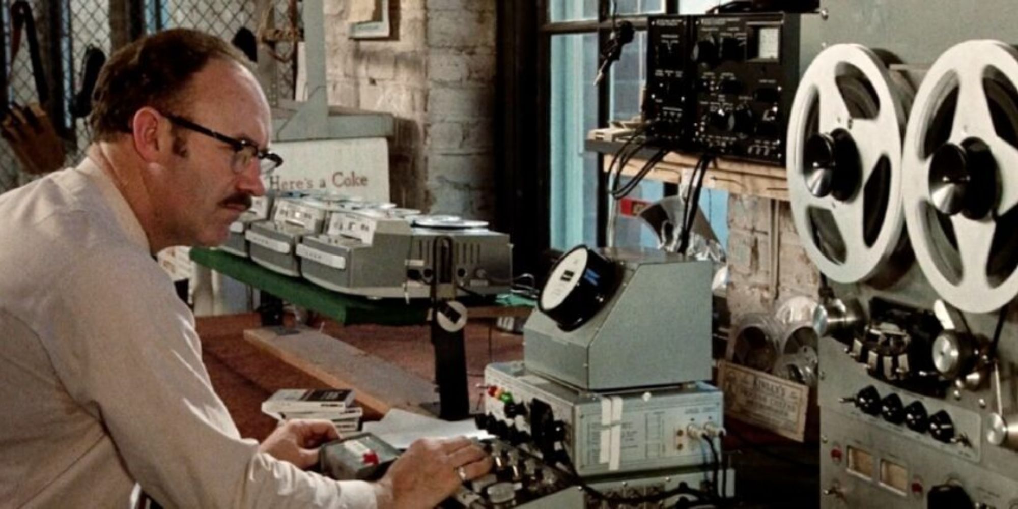 Gene Hackman as Harry monitoring surveillance equipment in The Conversation