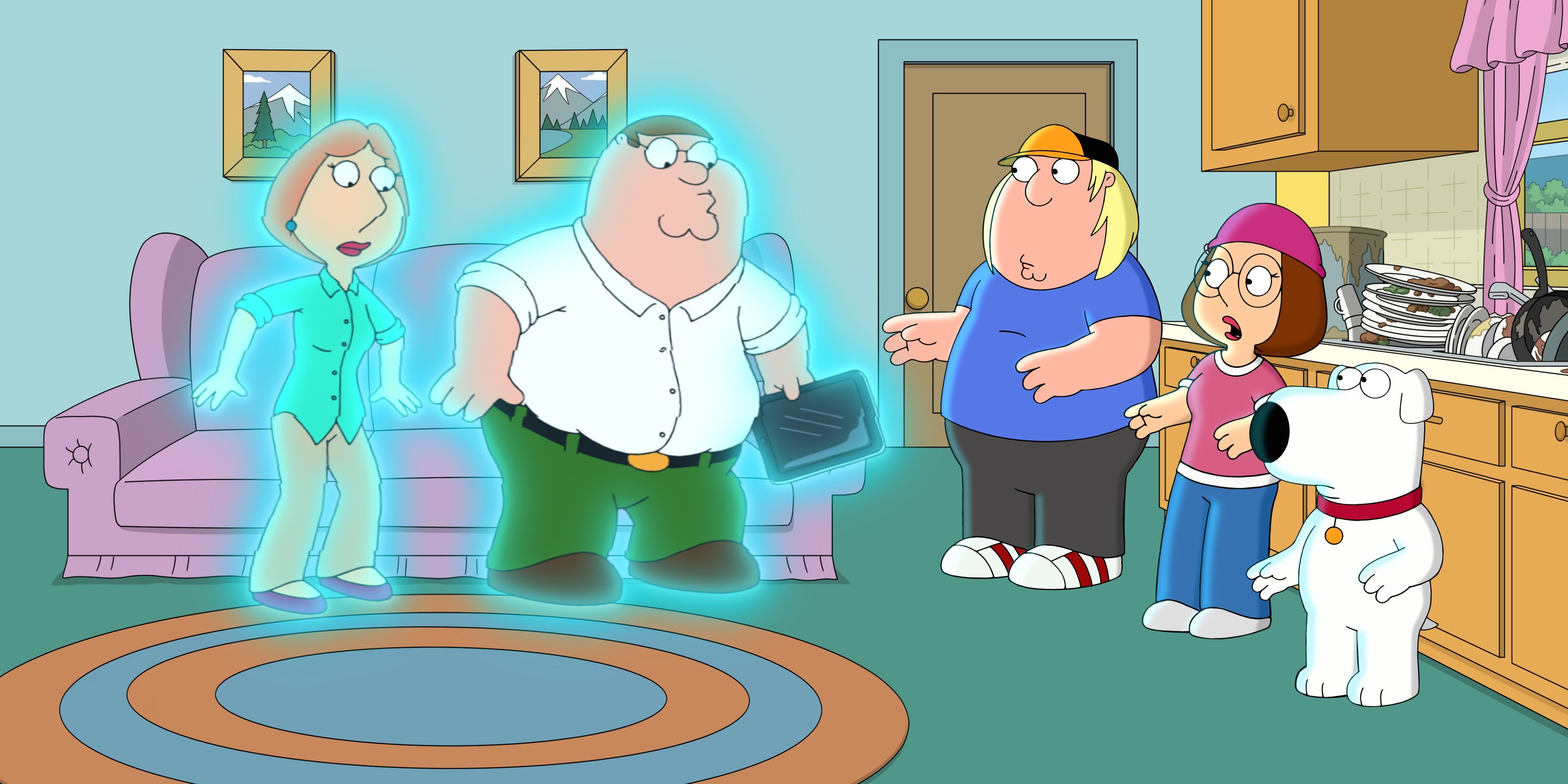 cutaway land family guy, lois and peter suspended in air