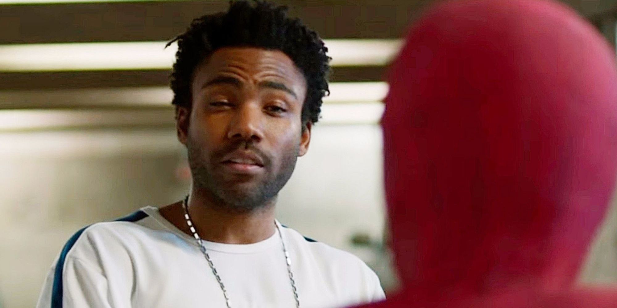 donald glover in spiderman homecoming during the weapons deal interrogation