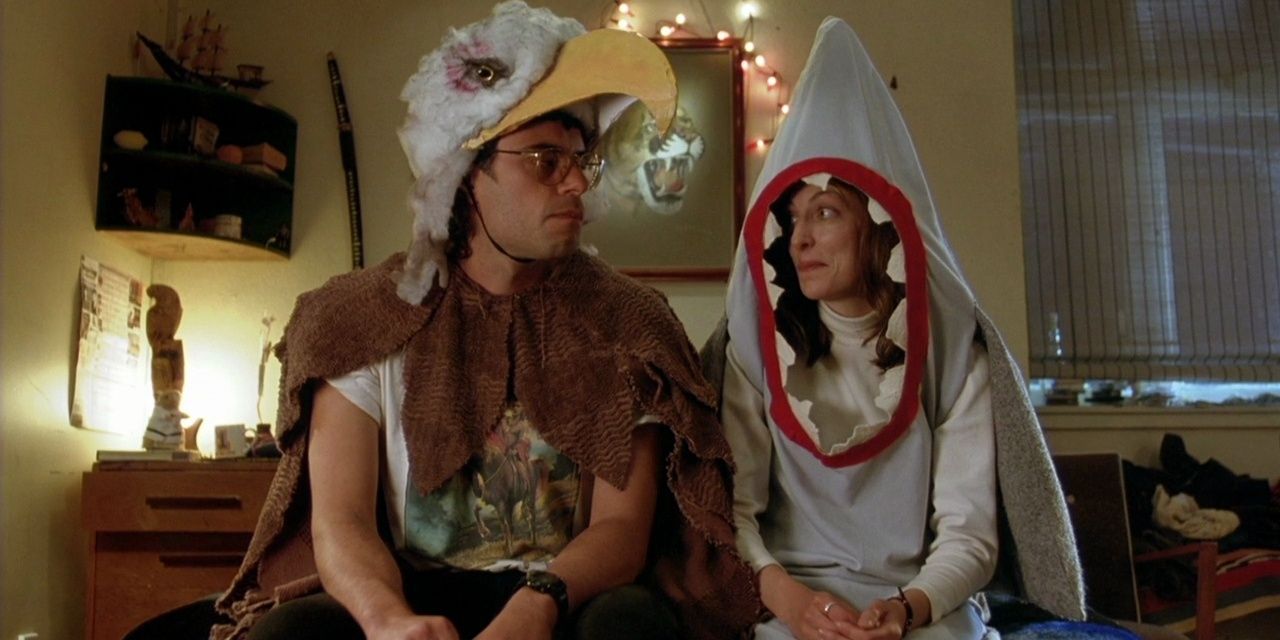 eagle vs shark, jarrod and Lily looking at eachother in costume