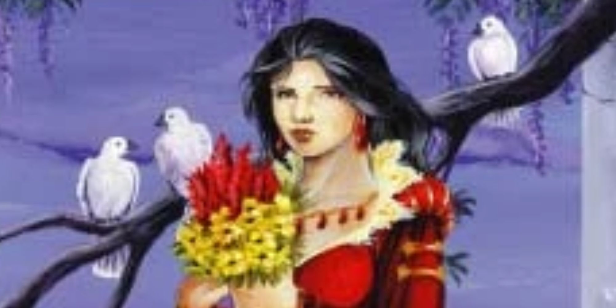 Elaida, surrounded by doves, as she appears in the Wheel of Time CCG
