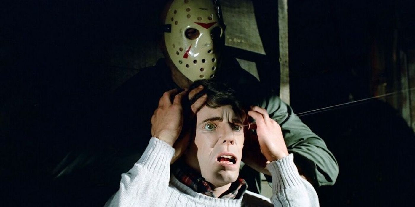 Jason Voorhees about to crush a man's head