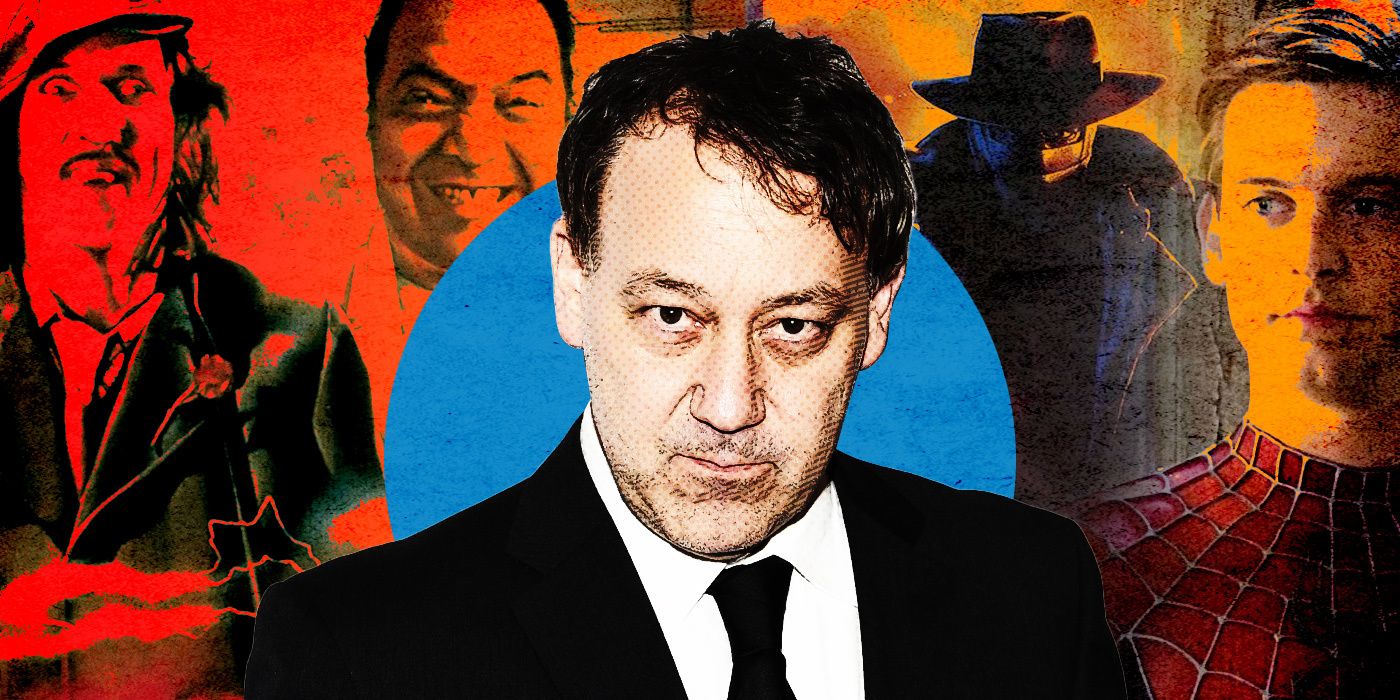 Custom image of Sam Raimi against a composite background featuring multiple characters from his movies