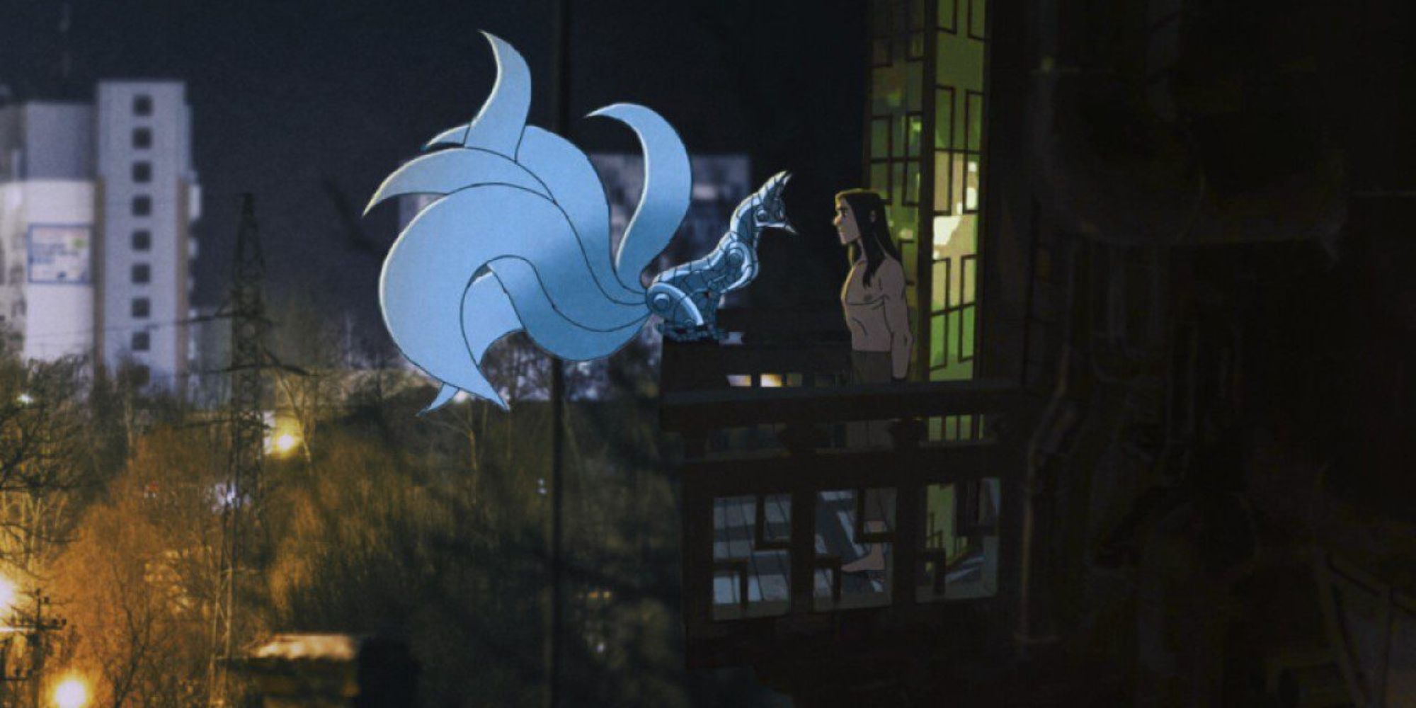 A machine-like fox is standing on the balcony facing a shirtless man