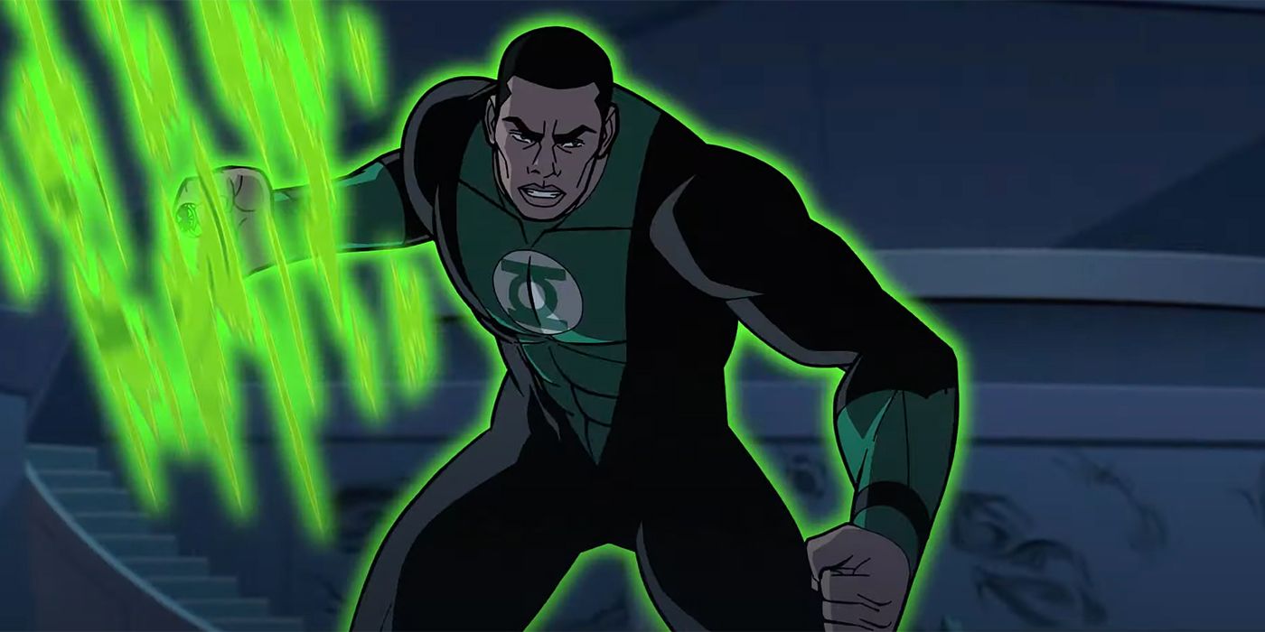 John Stewart Green Lantern se enciende y mueve los brazos para dar un puñetazo.