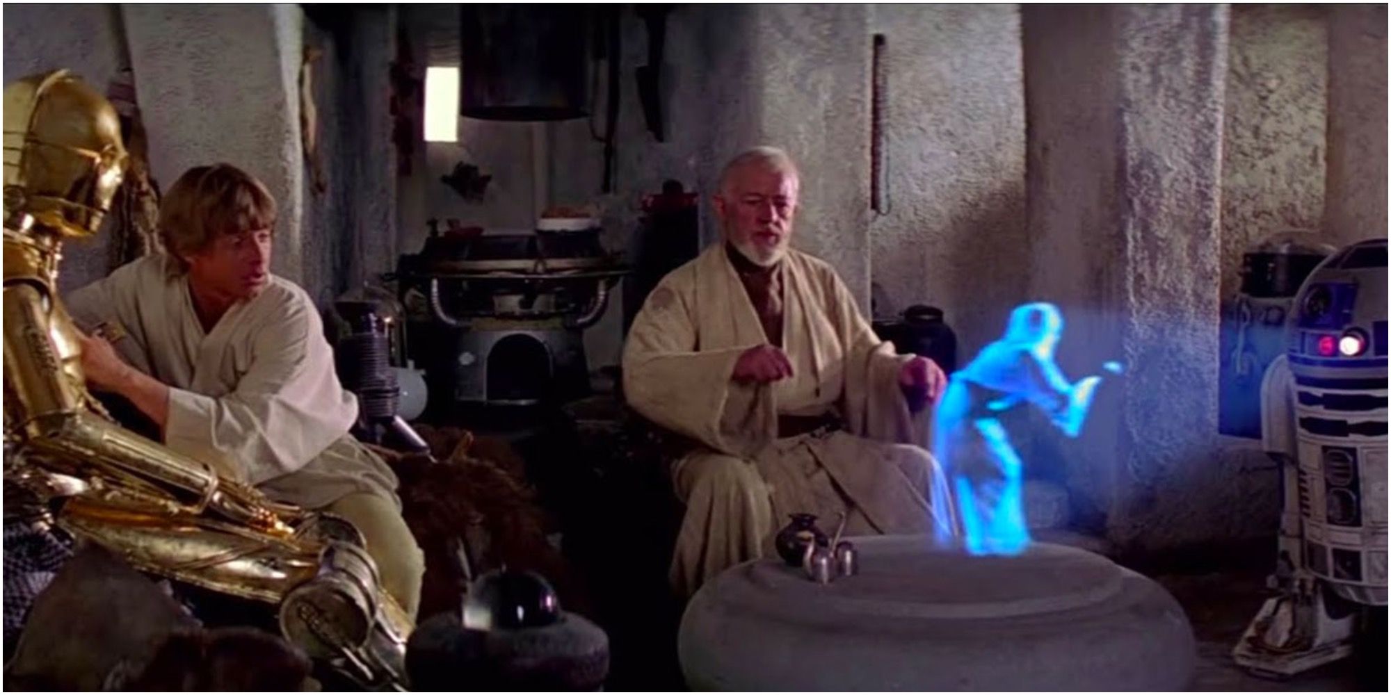 Princess Leia transmits a message to Obi-Wan Kenobi through R2-D2
