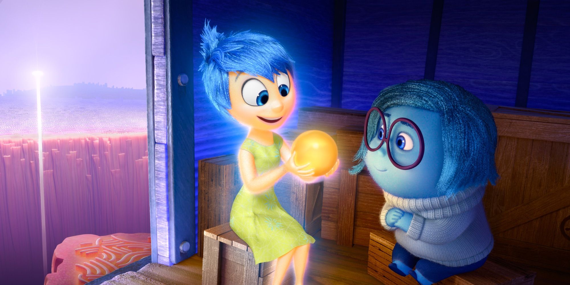 Joy and Sadness looking at a core memory in 'Inside Out'