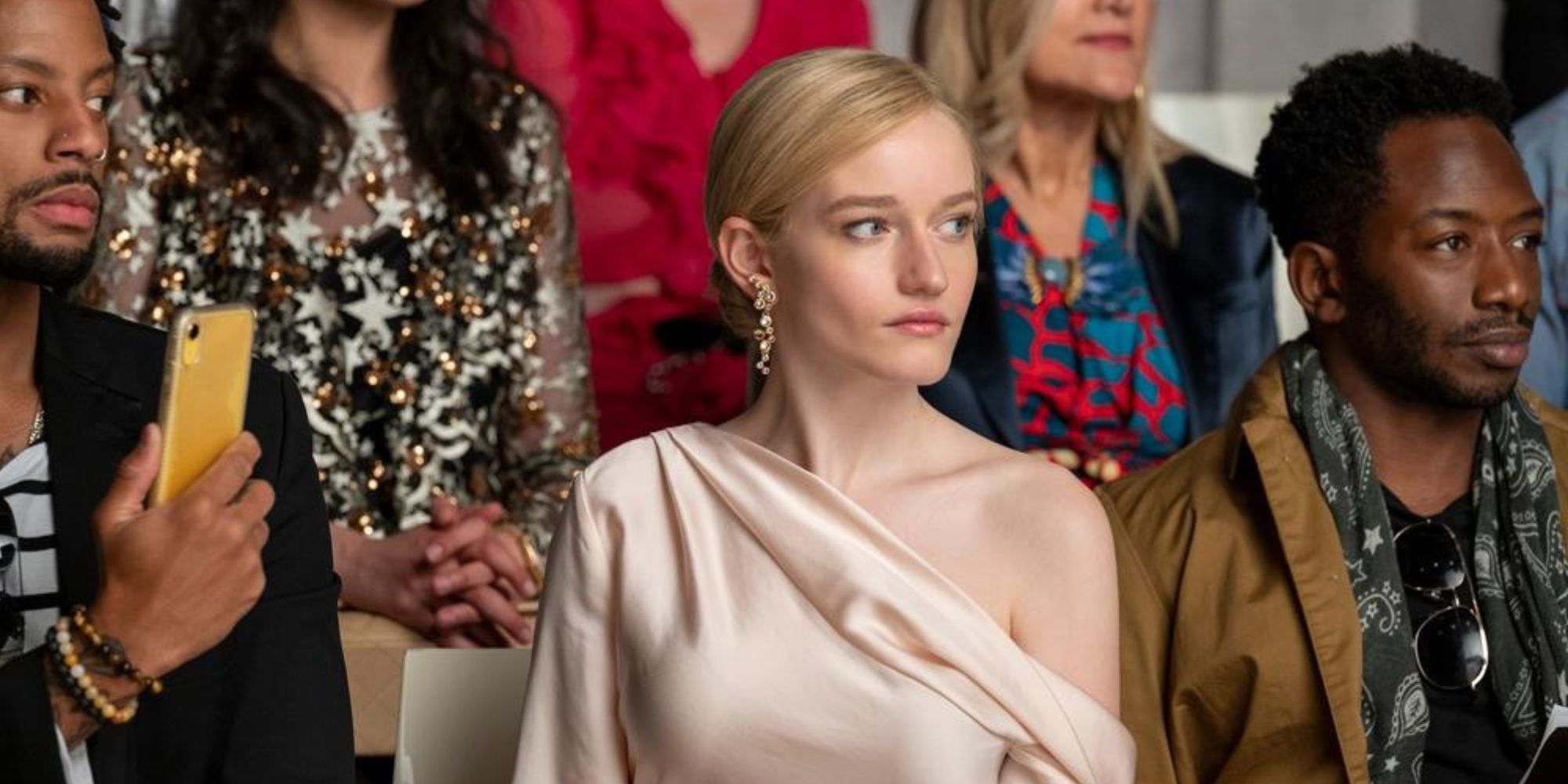 julia garner in inventing anna at fashion show one shoulder dress