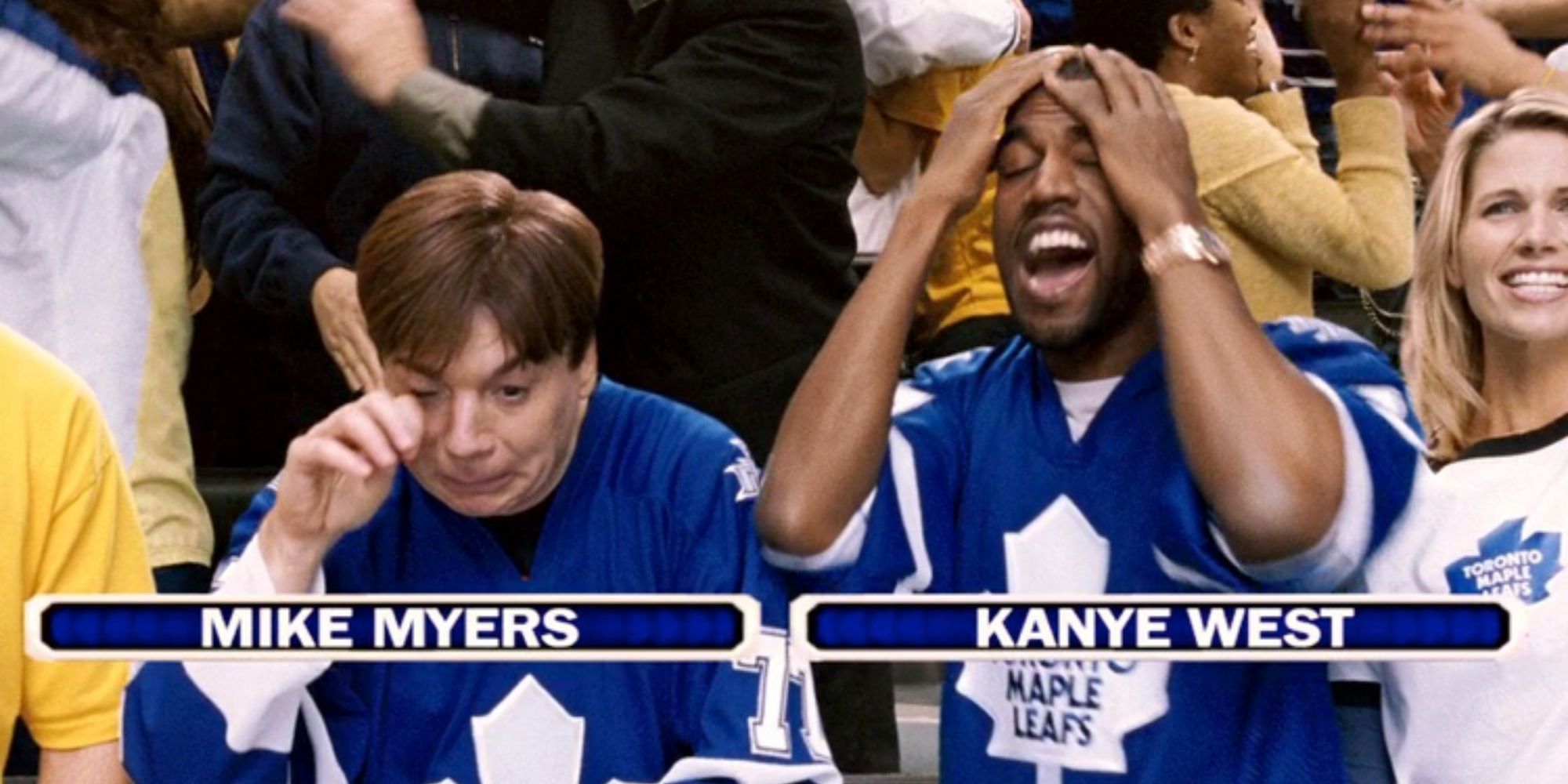 kanye west in the love guru with mike myers maple leafs jerseys